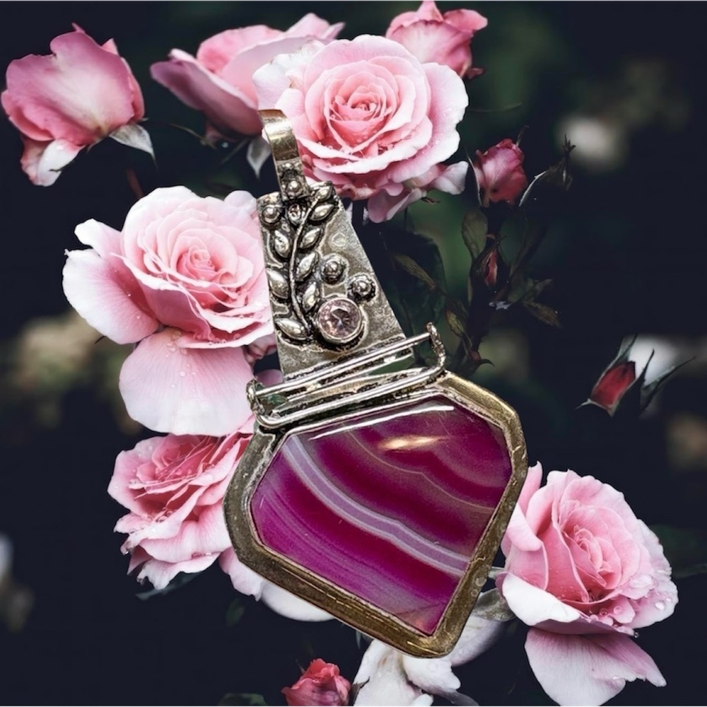 Elegant Silver and Botswana Agate and genuine pink topaz accent pendant